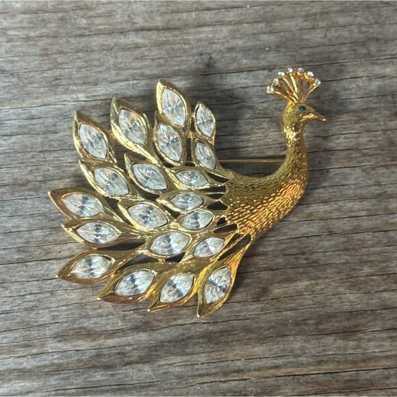 Vintage Gold-Tone Peacock Brooch With Clear Navette Rhinestones - Picture 1 of 5